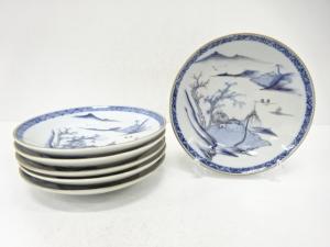 九谷焼　染付　山水　八寸皿　6客揃